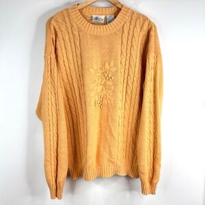 VTG 90s Cottage Essentials Sweater XL Yellow Floral Cable Knit Granny Retro Cozy